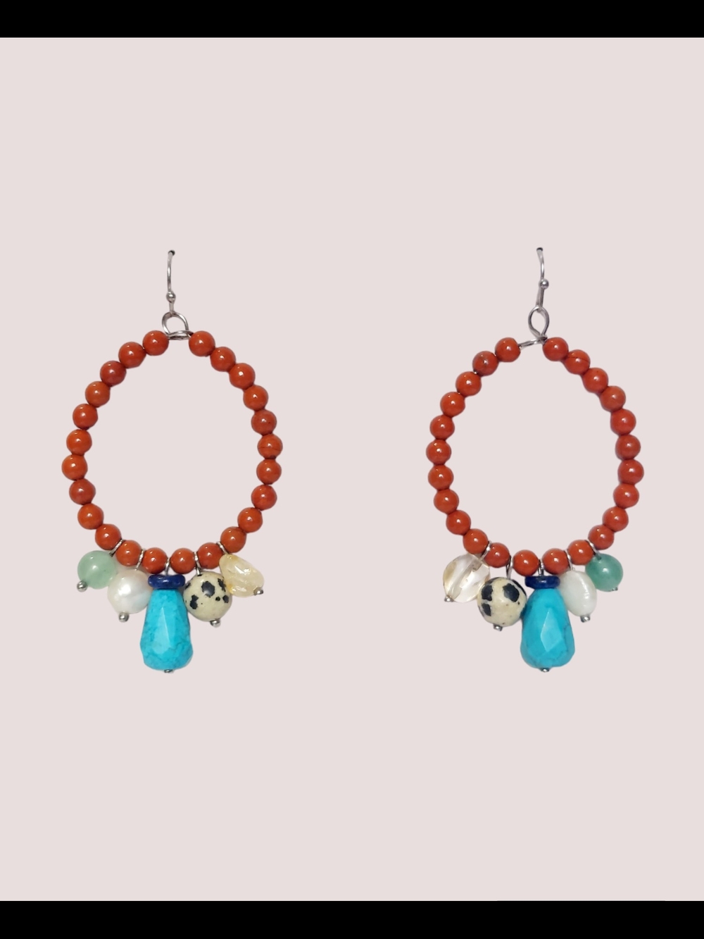 Coral Beaded Hoop Earrings with Turquoise Drop - Women Jewelry